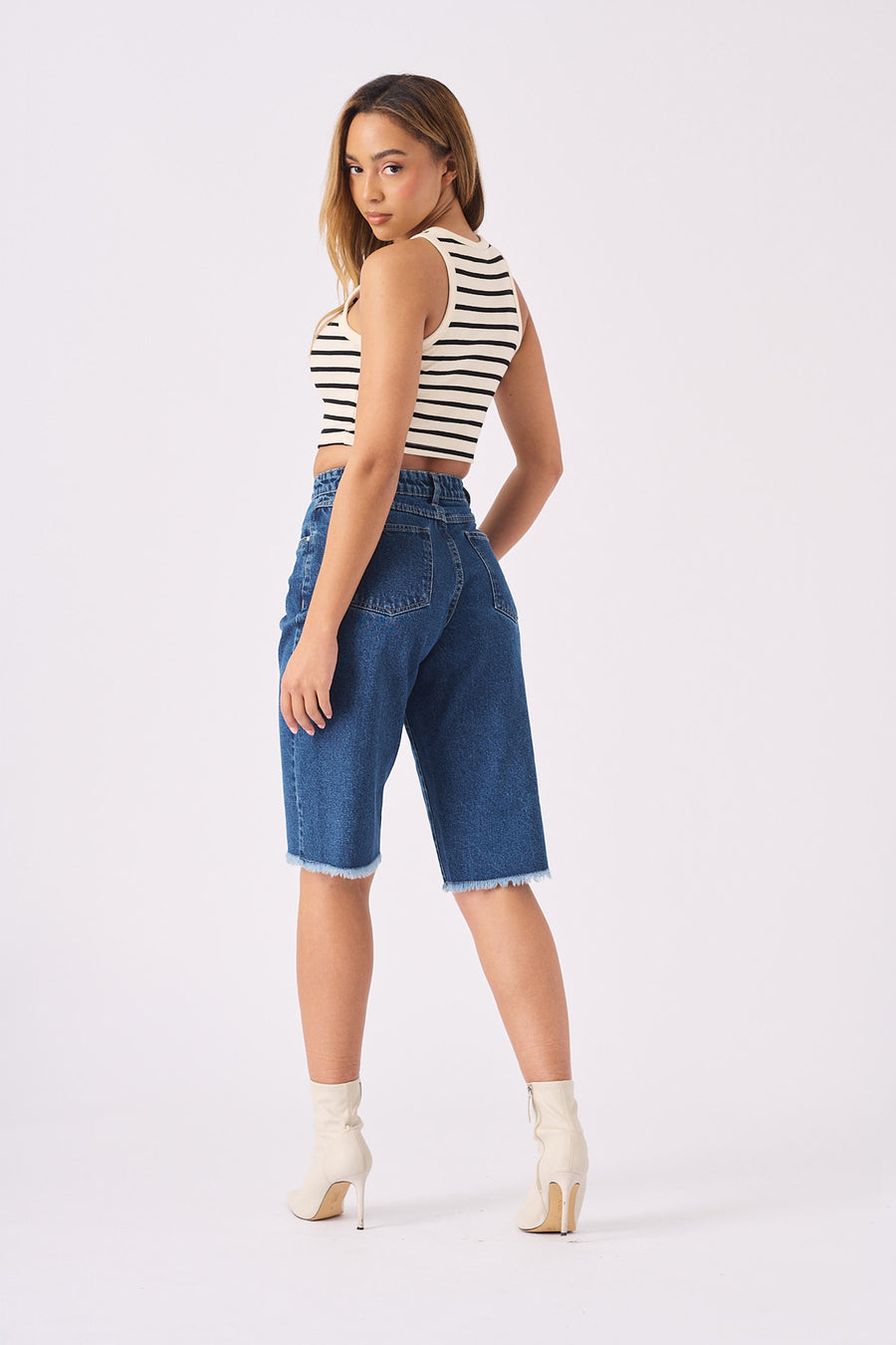 LONG LINE DENIM JORTS - MID BLUE -  Women's Denim Shorts