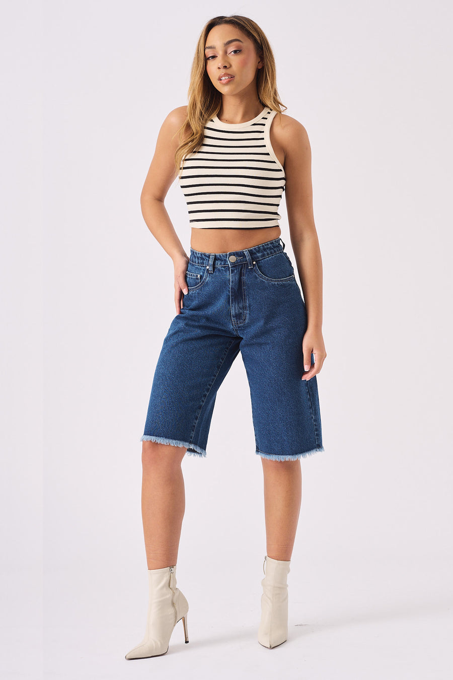 LONG LINE DENIM JORTS - MID BLUE -  Women's Denim Shorts