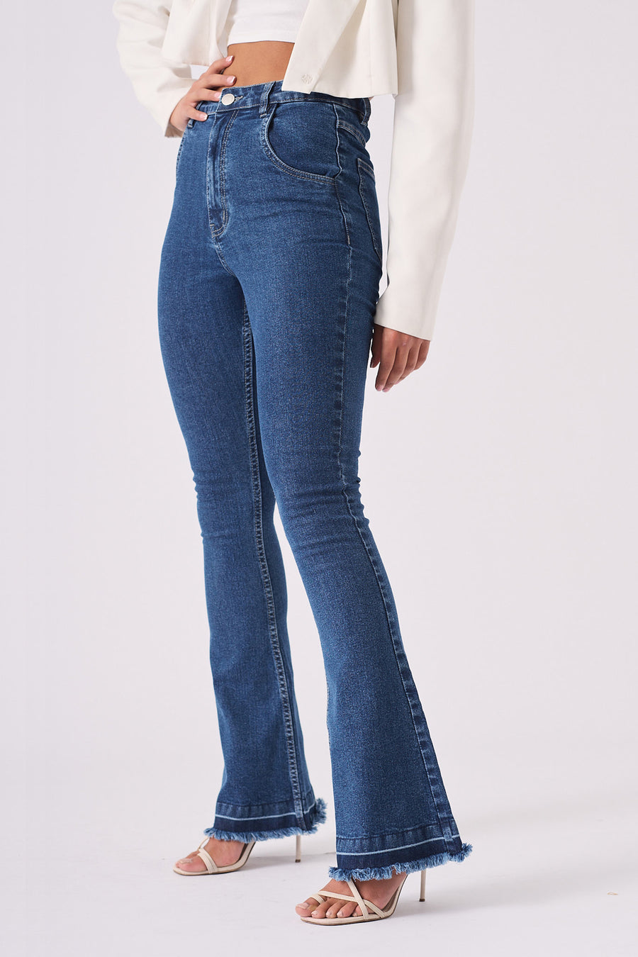 LYRA High Waisted Frayed Hem Flare Jeans - Mid Blue Denim -  Women's Flare Jeans