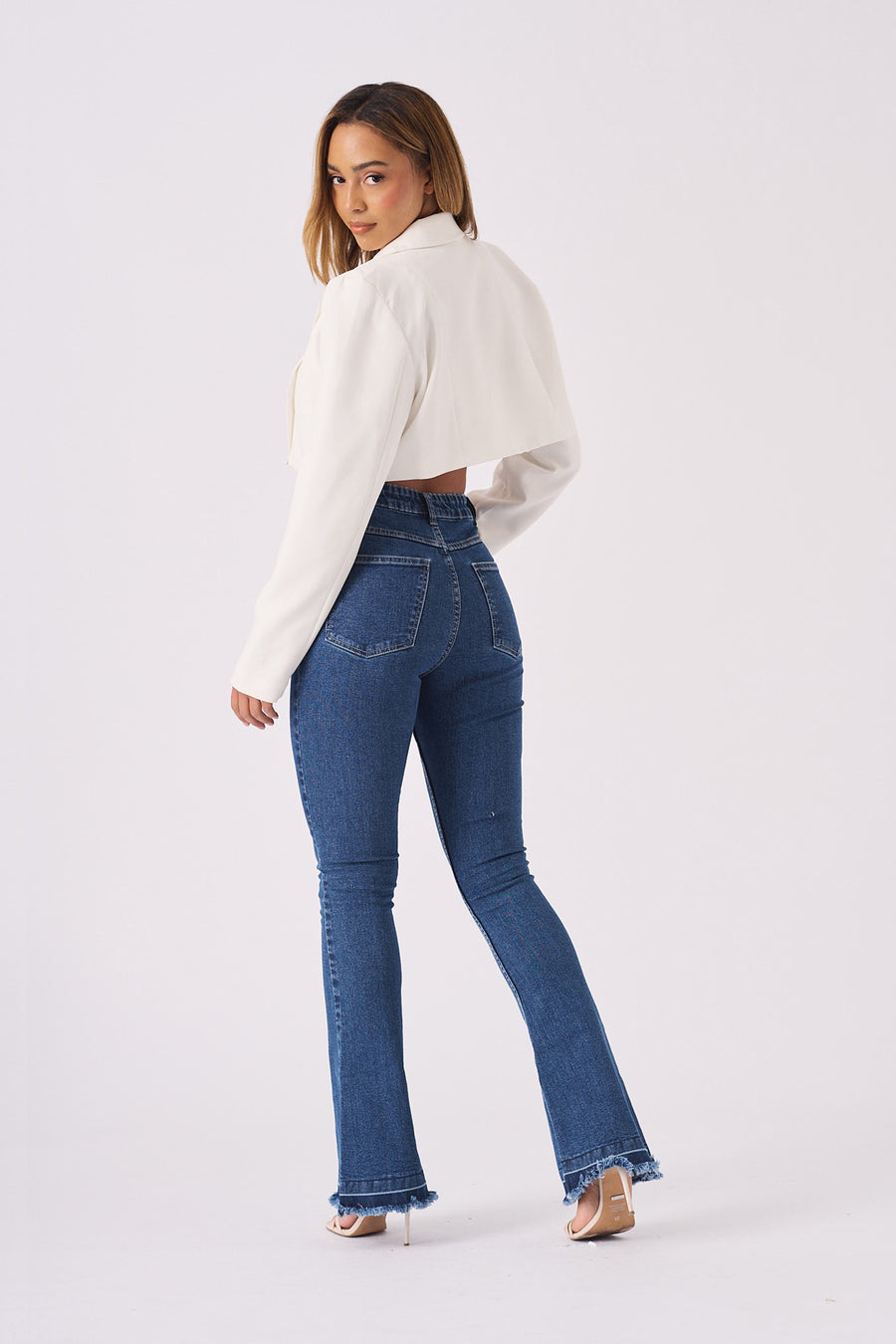 LYRA High Waisted Frayed Hem Flare Jeans - Mid Blue Denim -  Women's Flare Jeans