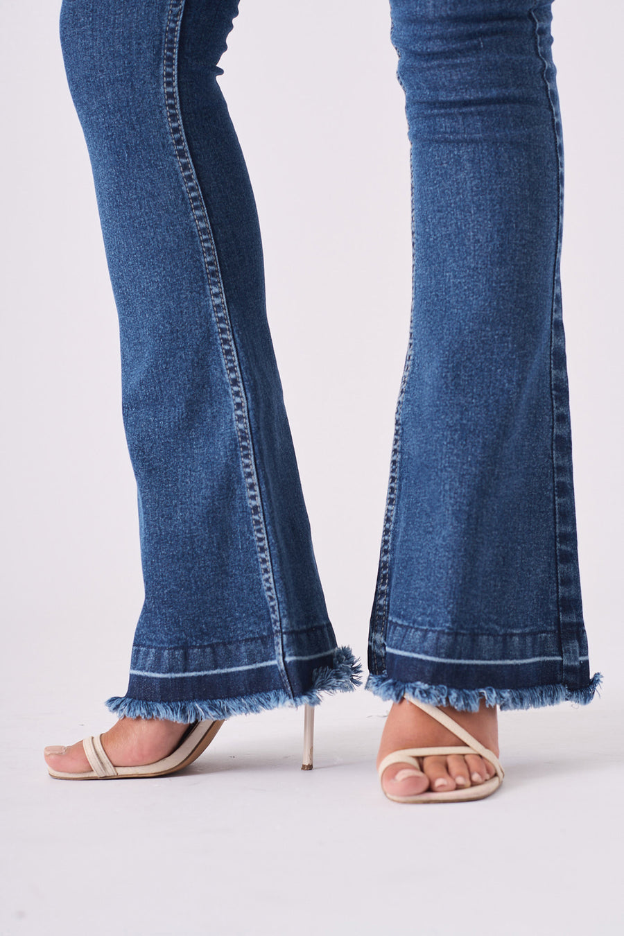 LYRA High Waisted Frayed Hem Flare Jeans - Mid Blue Denim -  Women's Flare Jeans