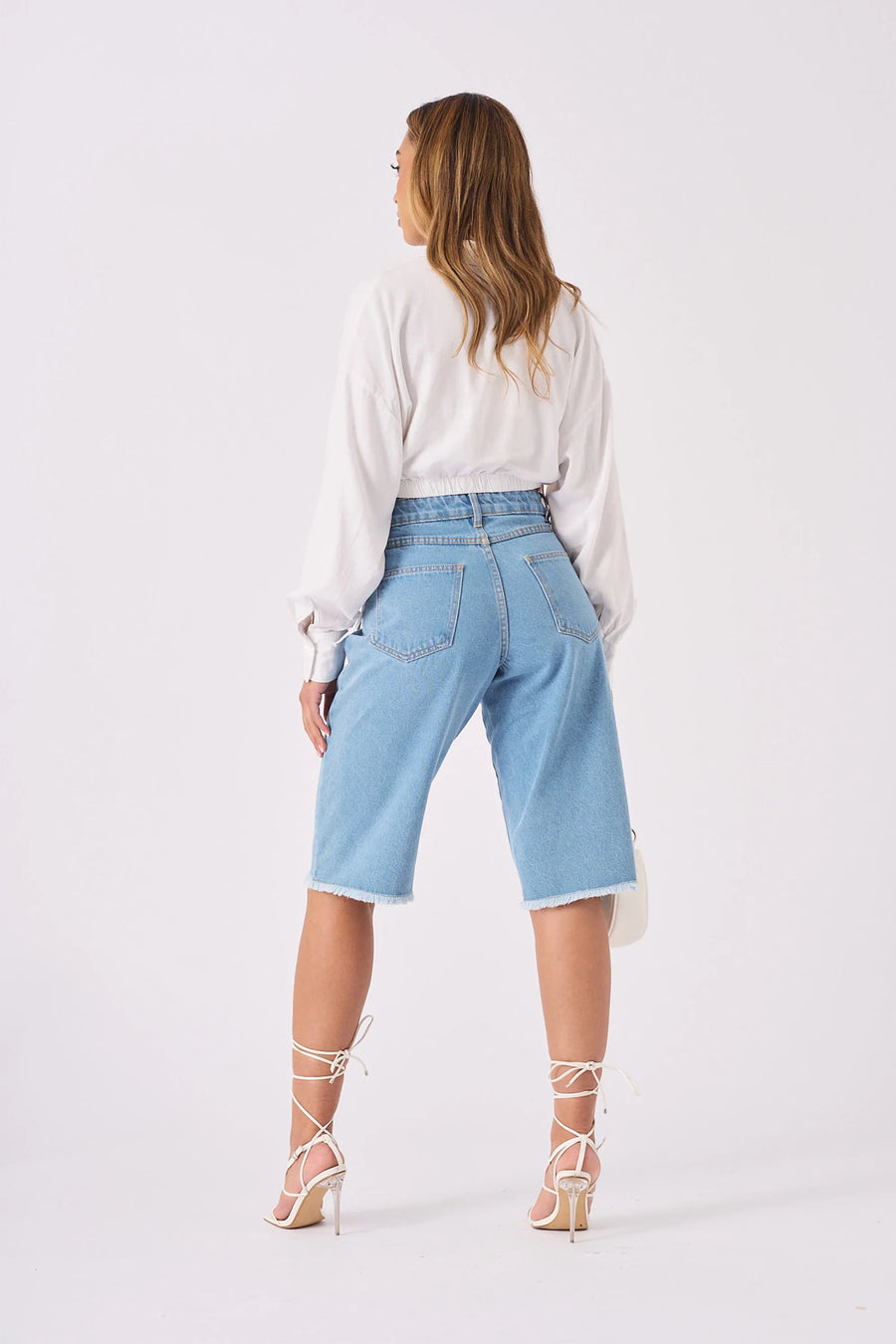 Long Line Denim Jorts  - LIGHT BLUE WASH -  Women's Denim Shorts