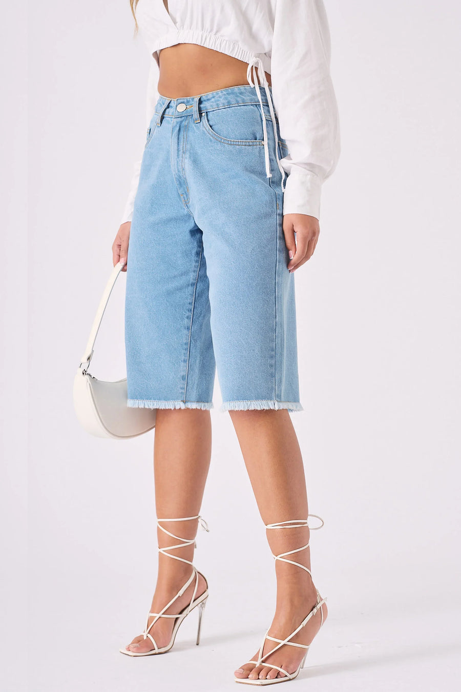 Long Line Denim Jorts  - LIGHT BLUE WASH -  Women's Denim Shorts