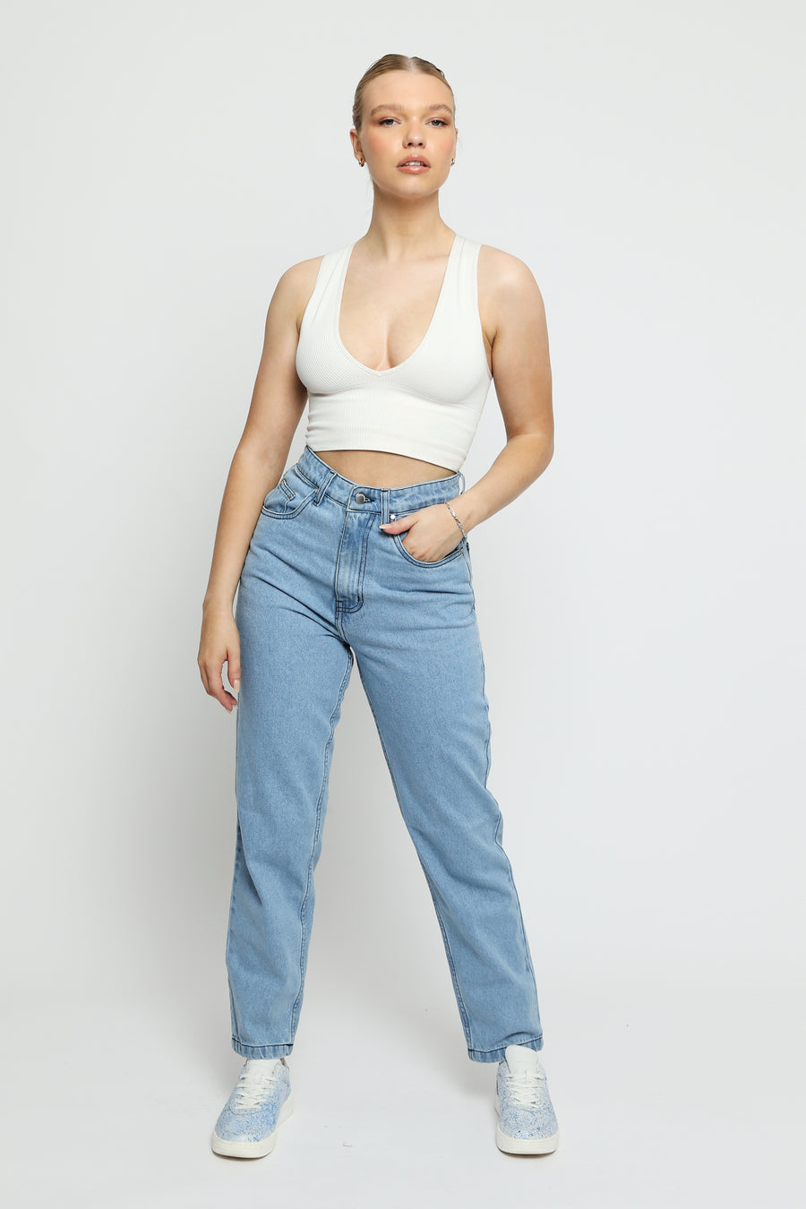 Luxzi High Waisted Stretch Denim Straight Leg Jeans - Light Blue -  Women's Straight Leg Jeans