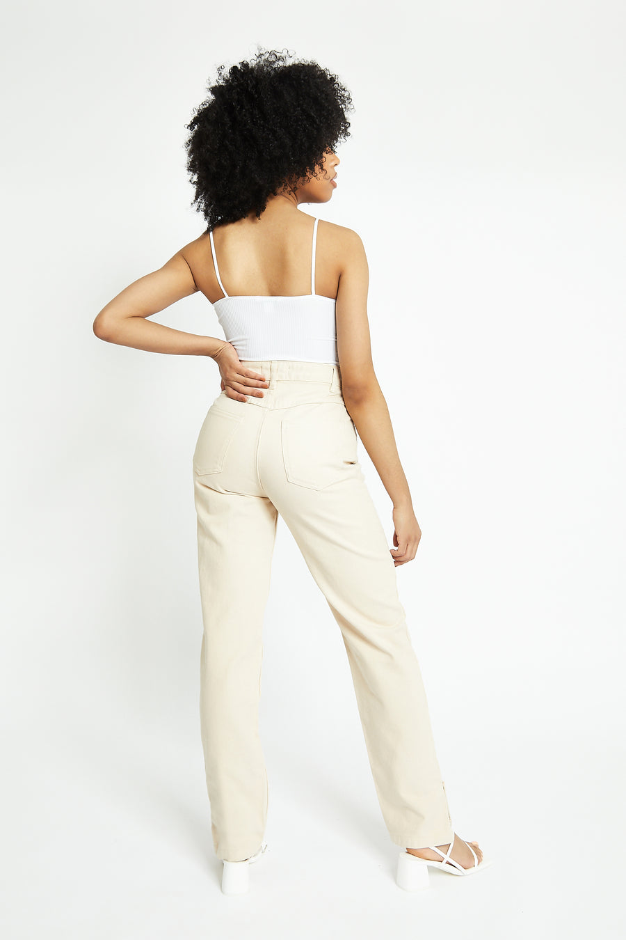 Monja High Waisted Popper Hem Relaxed Straight Leg Jeans - Ecru -  Women's Straight Leg Jeans