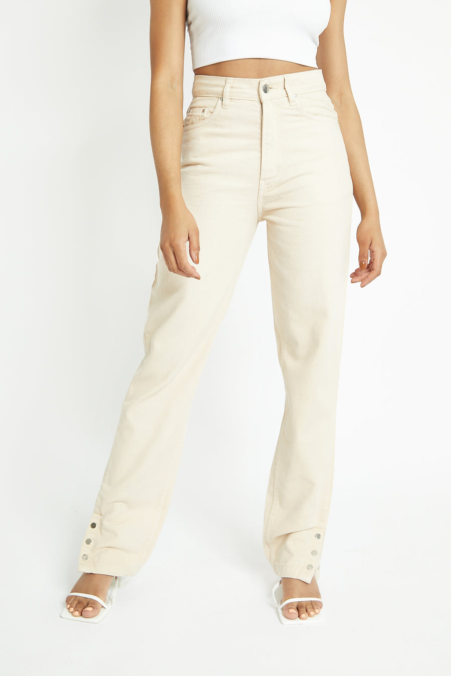 Monja High Waisted Popper Hem Relaxed Straight Leg Jeans - Ecru -  Women's Straight Leg Jeans