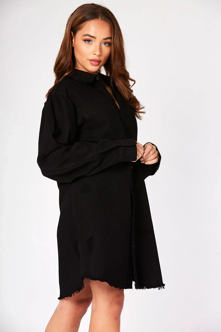 OVERSIZED LONG DENIM SHIRT - BLACK -  Women's Oversize Denim Shirts