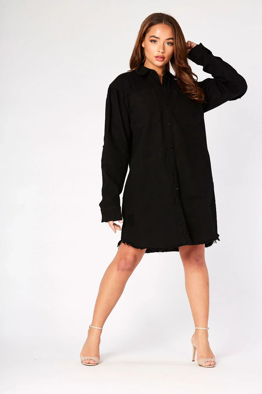 OVERSIZED LONG DENIM SHIRT - BLACK -  Women's Oversize Denim Shirts