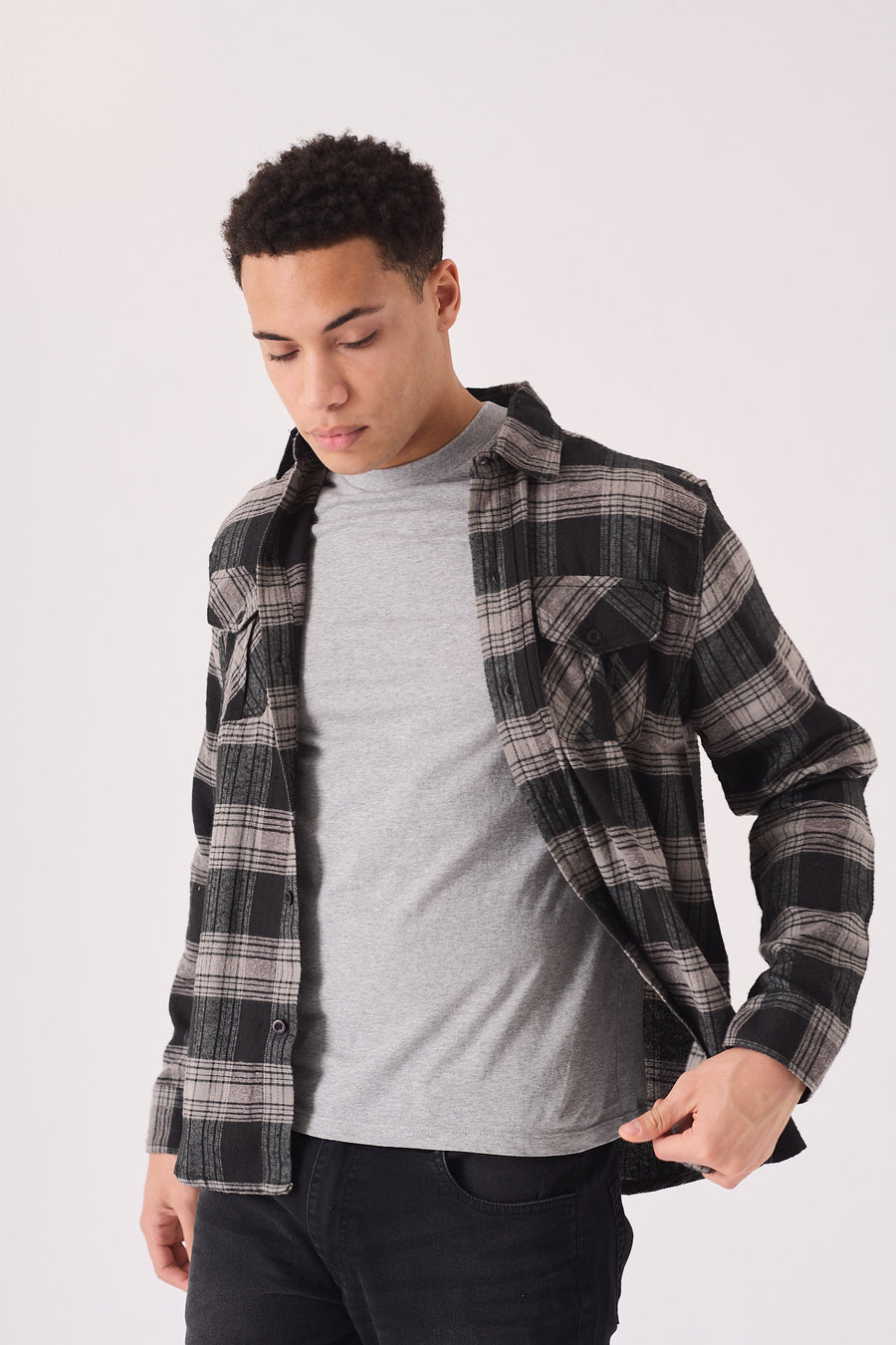 PLAID FLANNEL CHECK SHIRT - BLACK AND GREY -  Men's Check Shirts