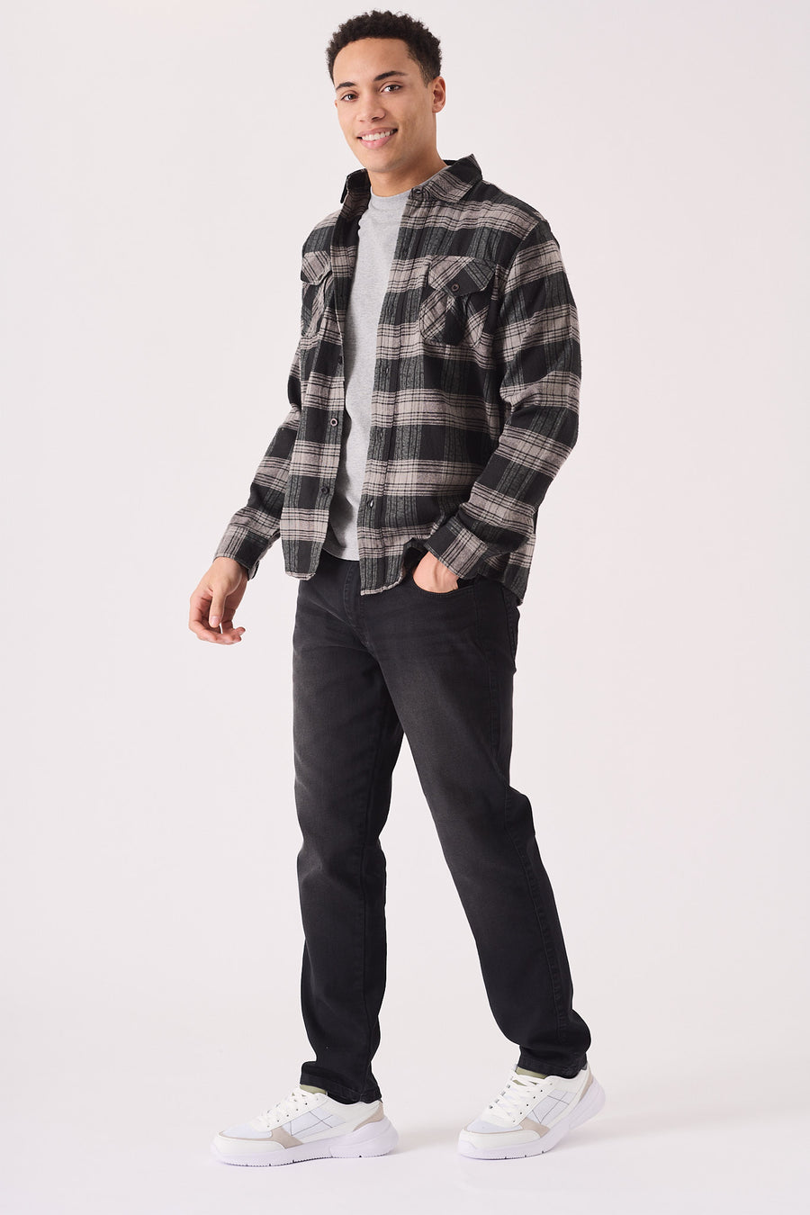 PLAID FLANNEL CHECK SHIRT - BLACK AND GREY -  Men's Check Shirts