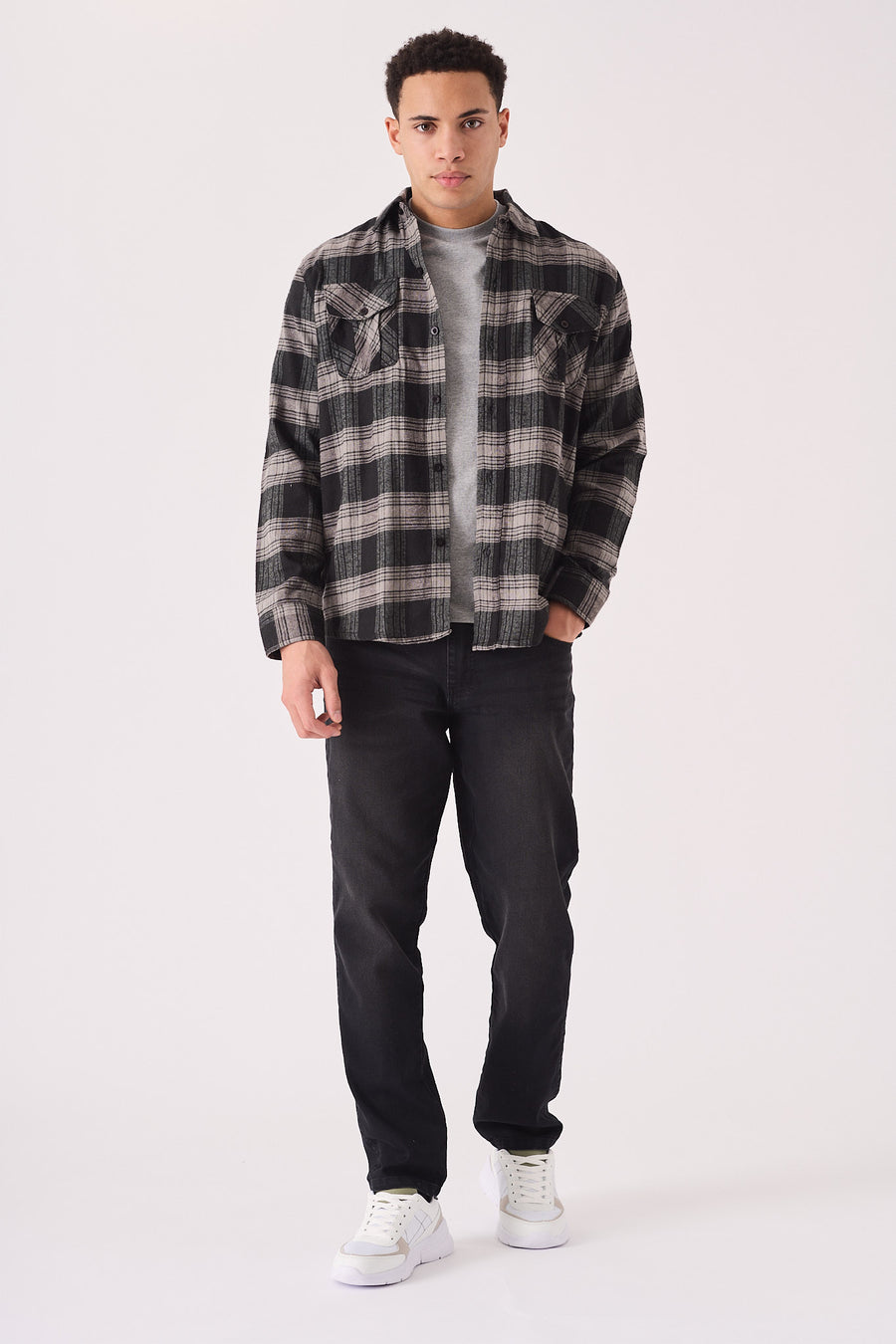 PLAID FLANNEL CHECK SHIRT - BLACK AND GREY -  Men's Check Shirts