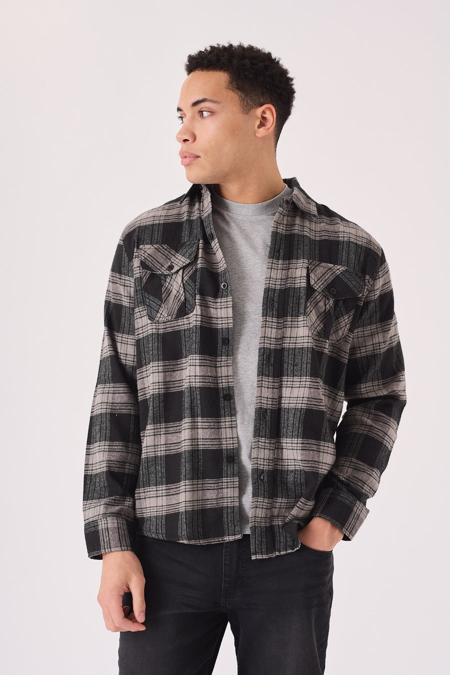 PLAID FLANNEL CHECK SHIRT - BLACK AND GREY -  Men's Check Shirts
