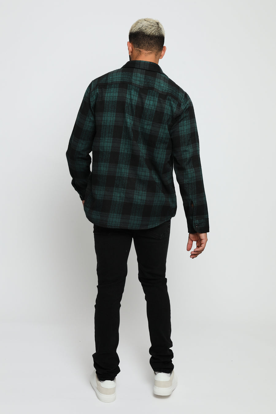 PLAID FLANNEL CHECK SHIRT - DARK GREEN AND BLACK -  Men's Check Shirts