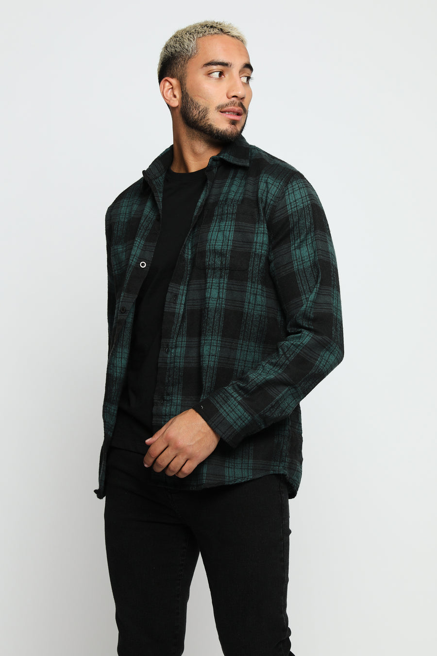 PLAID FLANNEL CHECK SHIRT - DARK GREEN AND BLACK -  Men's Check Shirts