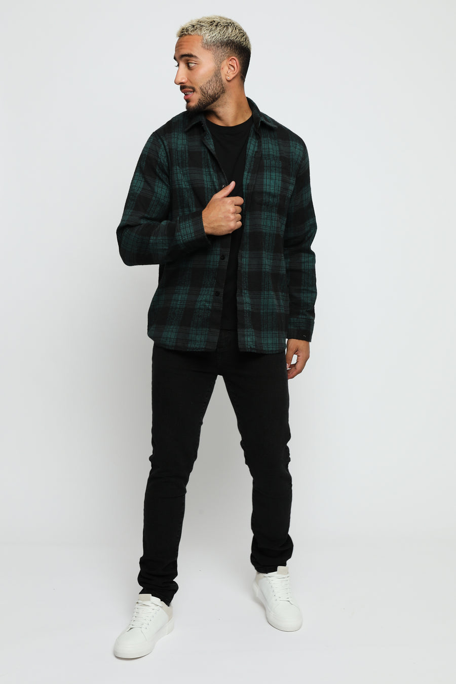 PLAID FLANNEL CHECK SHIRT - DARK GREEN AND BLACK -  Men's Check Shirts