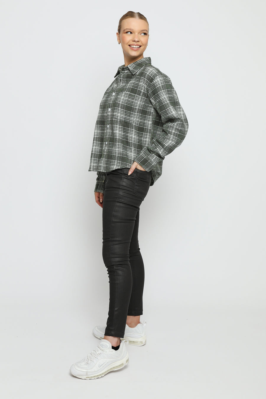 PLAID FLANNEL CHECK SHIRT - GREEN -  Women's Checked Shirts