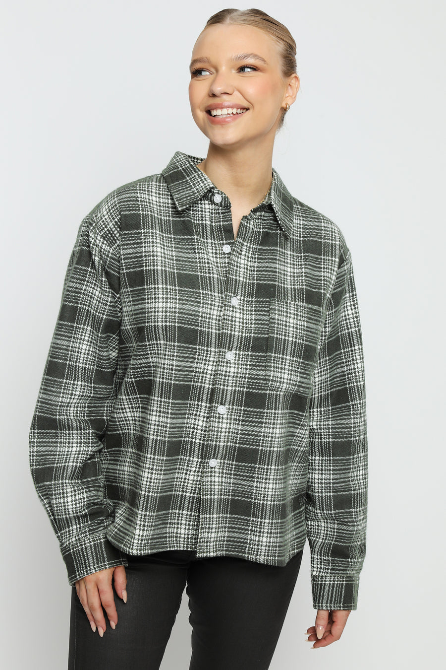 PLAID FLANNEL CHECK SHIRT - GREEN -  Women's Checked Shirts