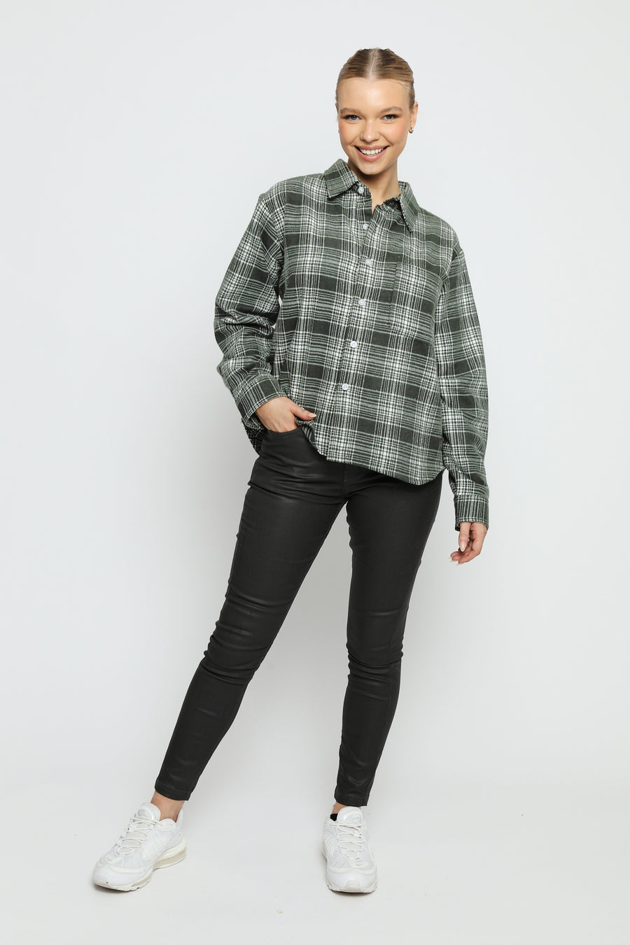 PLAID FLANNEL CHECK SHIRT - GREEN -  Women's Checked Shirts