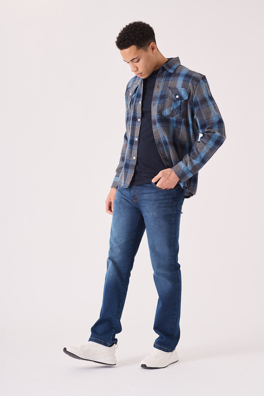 PLAID FLANNEL CHECK SHIRT - GREY BLUE -  Men's Check Shirts