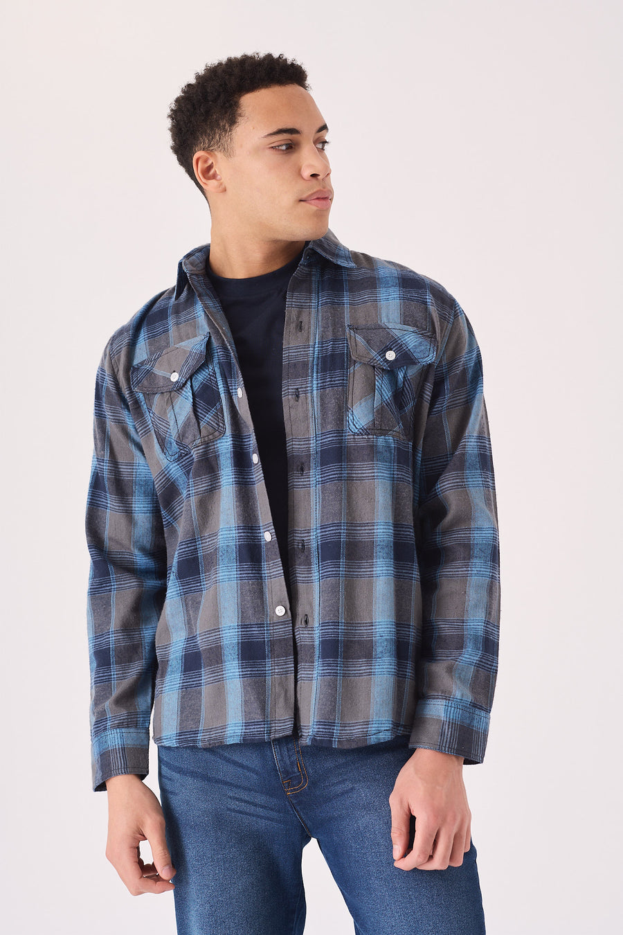 PLAID FLANNEL CHECK SHIRT - GREY BLUE -  Men's Check Shirts