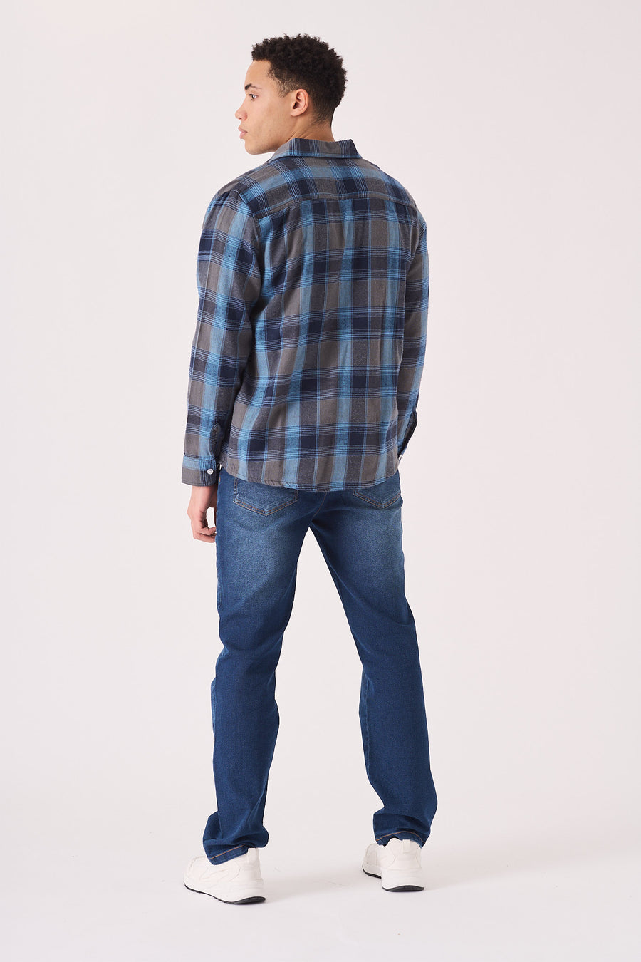 PLAID FLANNEL CHECK SHIRT - GREY BLUE -  Men's Check Shirts