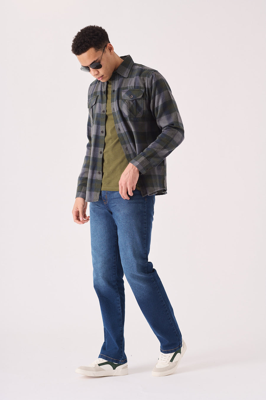 PLAID FLANNEL CHECK SHIRT - GREY OLIVE -  Men's Check Shirts