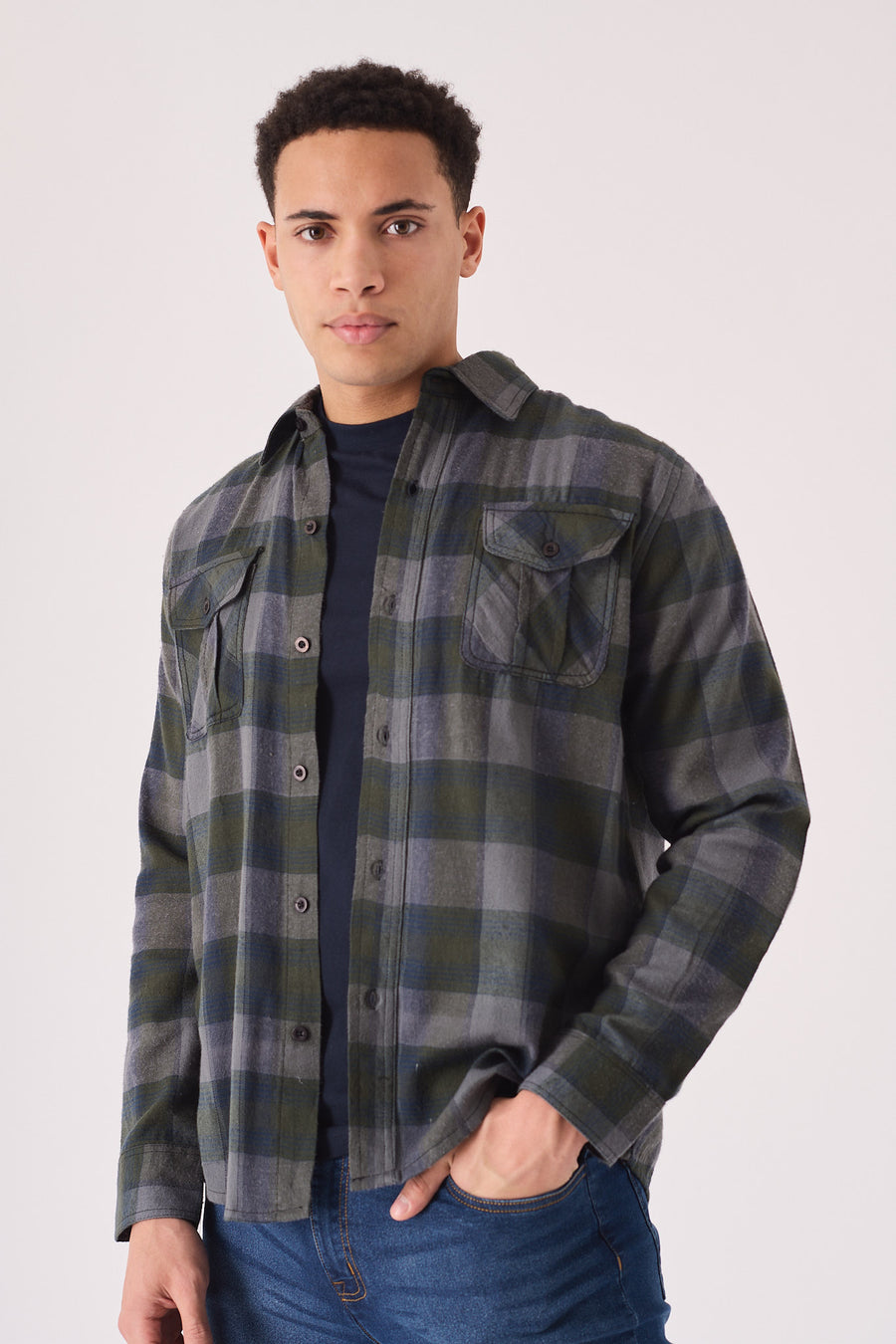 PLAID FLANNEL CHECK SHIRT - GREY OLIVE -  Men's Check Shirts
