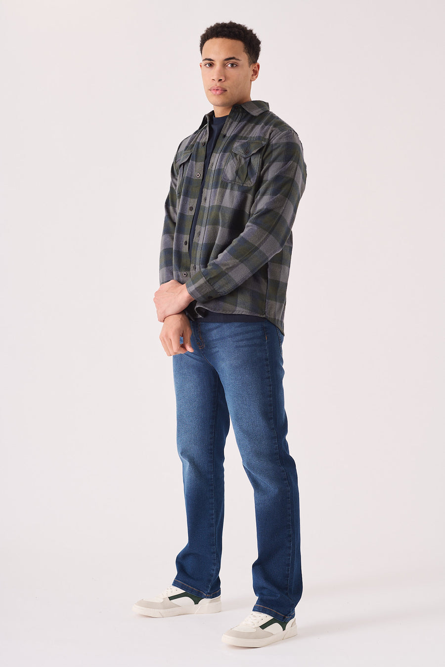 PLAID FLANNEL CHECK SHIRT - GREY OLIVE -  Men's Check Shirts
