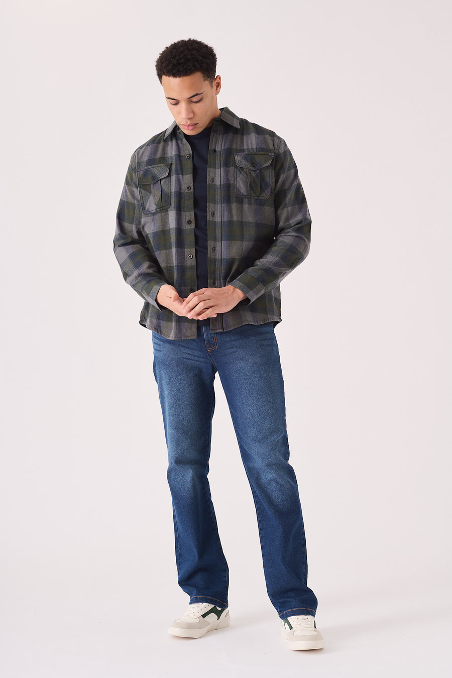PLAID FLANNEL CHECK SHIRT - GREY OLIVE -  Men's Check Shirts