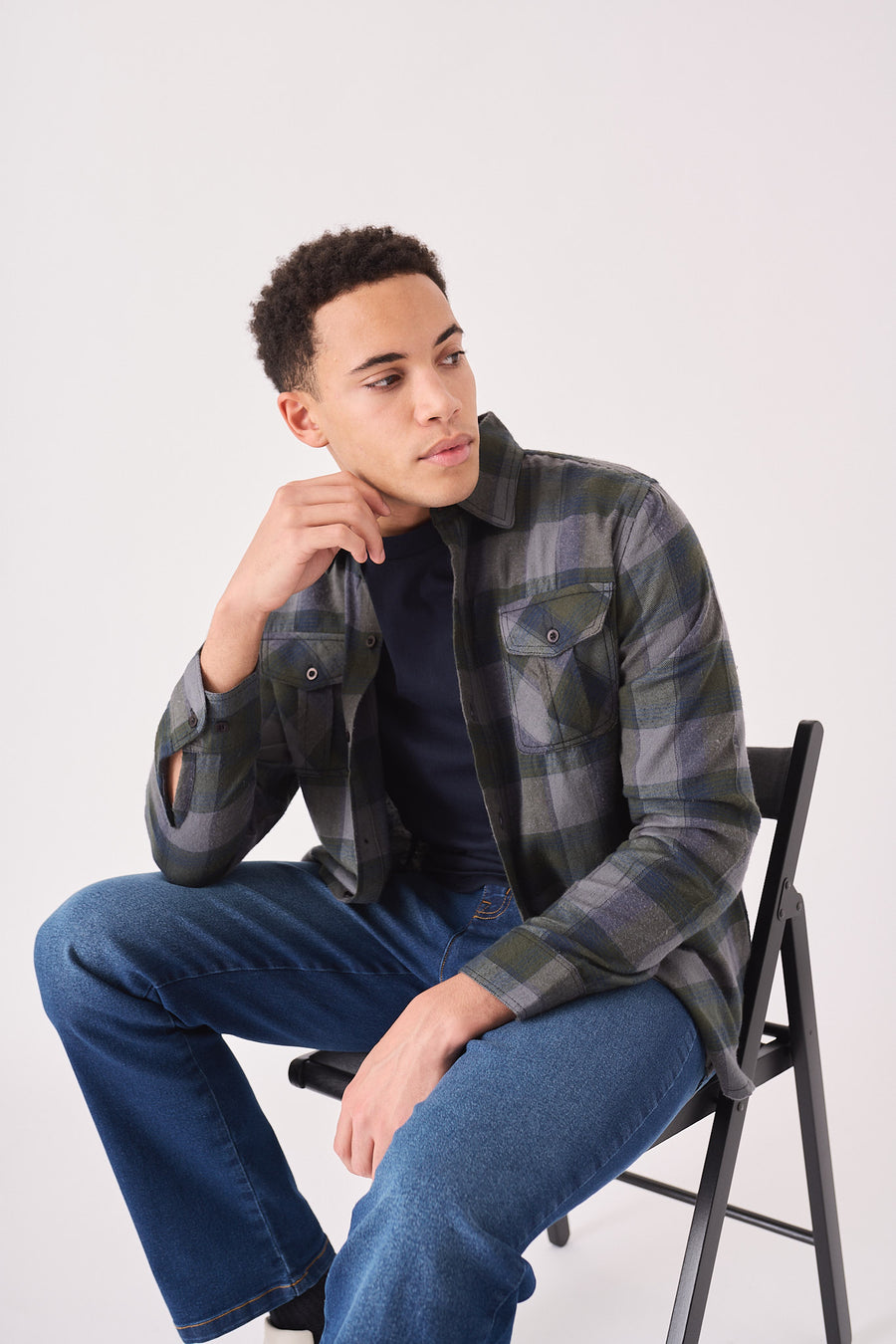 PLAID FLANNEL CHECK SHIRT - GREY OLIVE -  Men's Check Shirts
