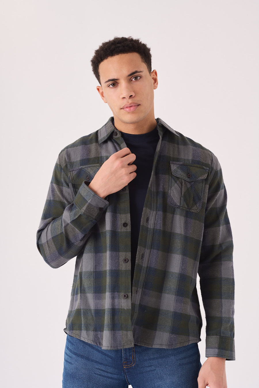 PLAID FLANNEL CHECK SHIRT - GREY OLIVE -  Men's Check Shirts