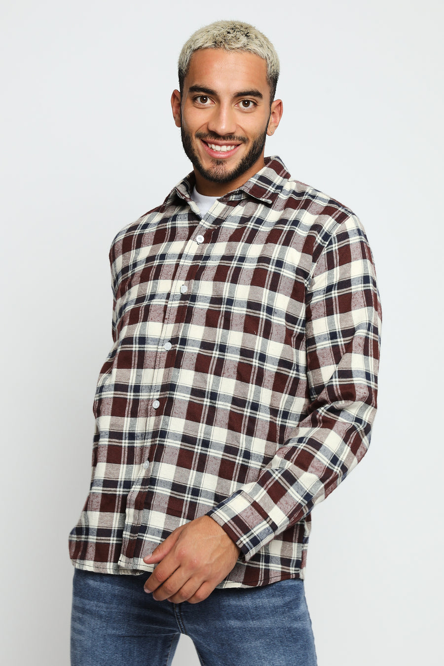 PLAID FLANNEL CHECK SHIRT - MAROON NAVY -  Men's Check Shirts