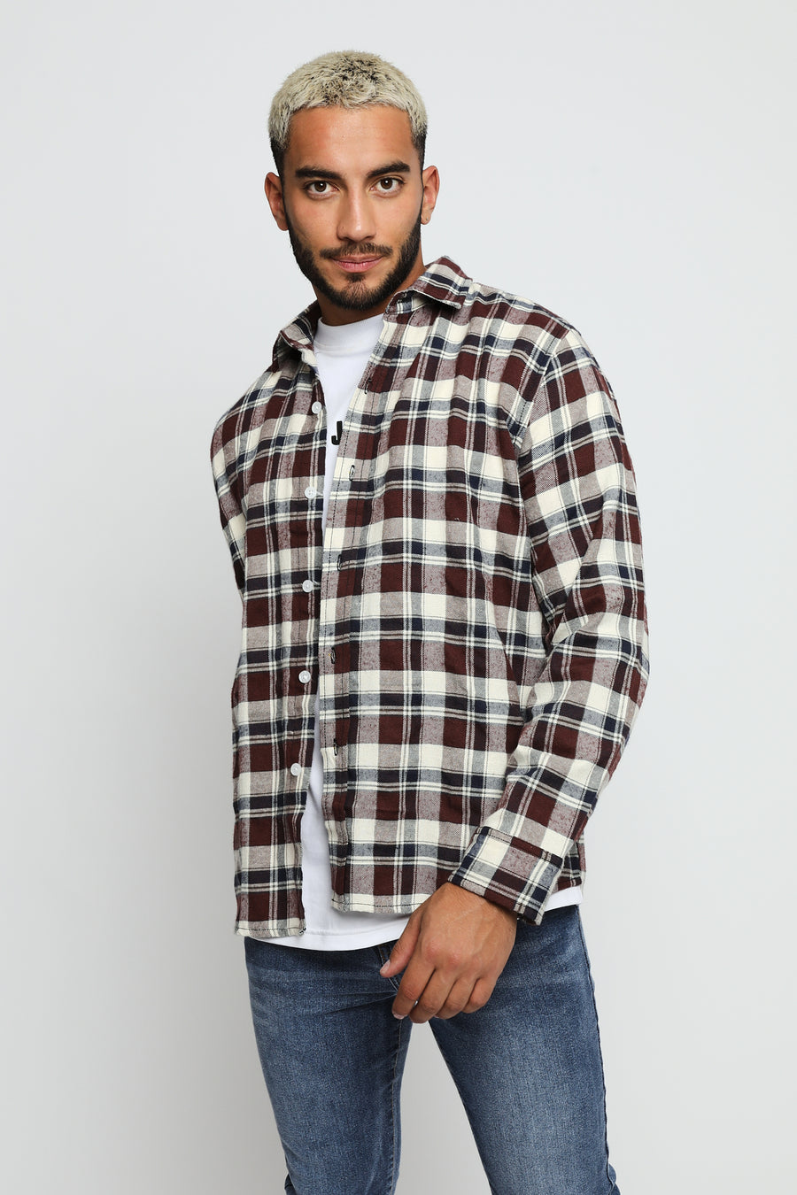 PLAID FLANNEL CHECK SHIRT - MAROON NAVY -  Men's Check Shirts