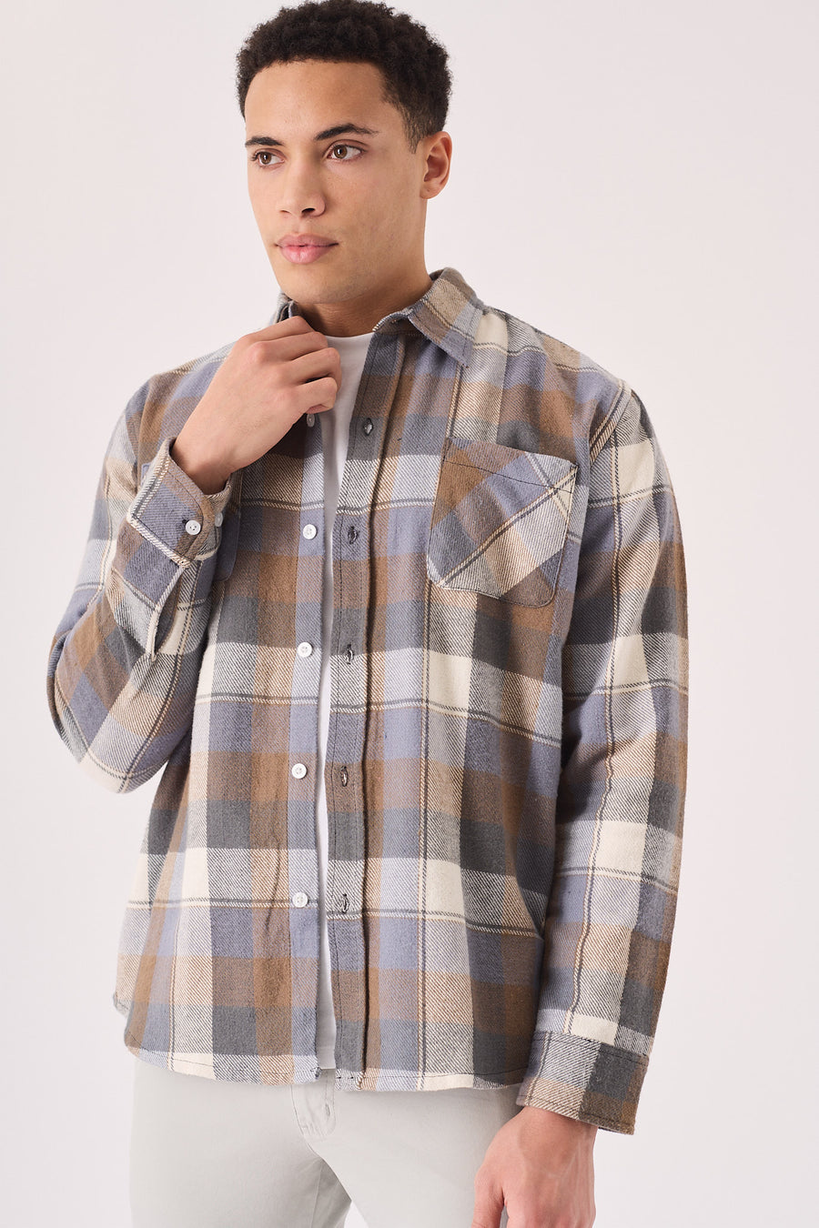 PLAID FLANNEL CHECK SHIRT - ORANGE GREY -  Men's Check Shirts