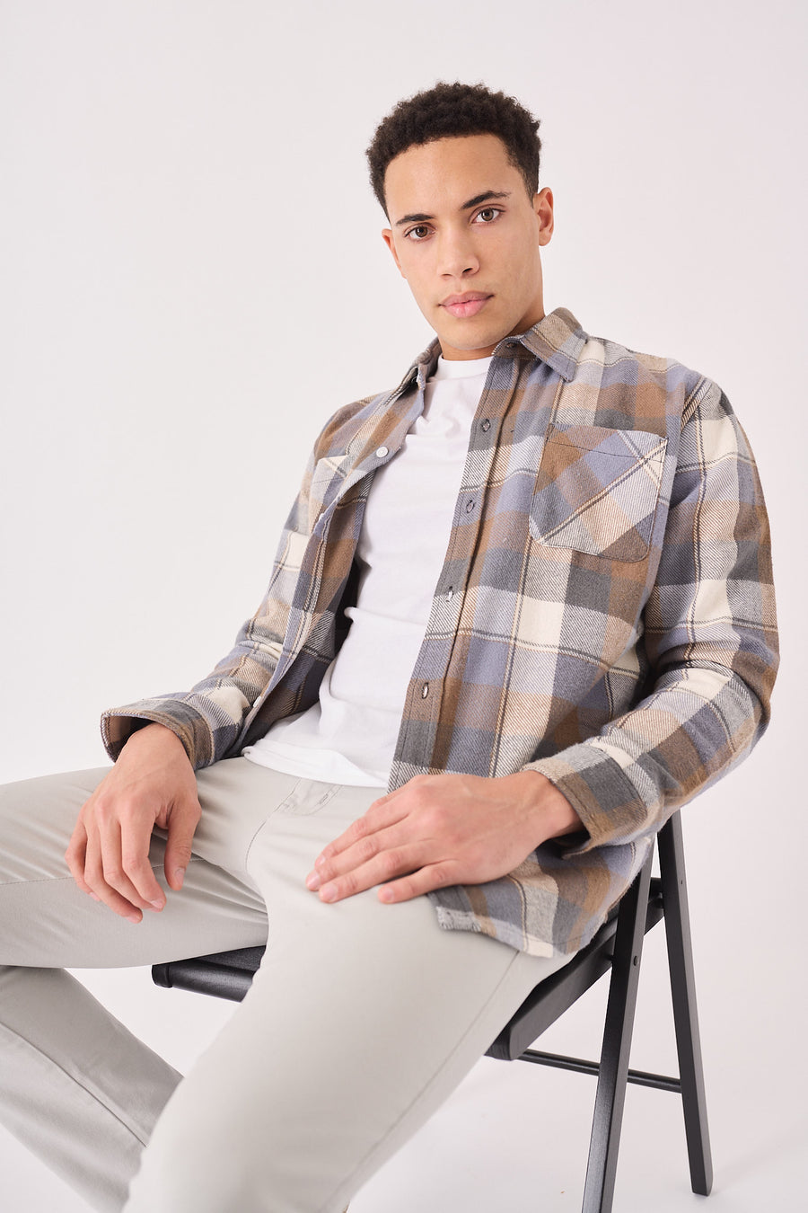 PLAID FLANNEL CHECK SHIRT - ORANGE GREY -  Men's Check Shirts
