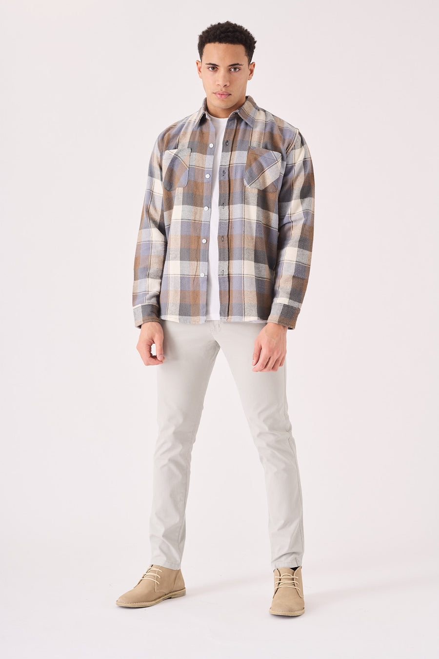 PLAID FLANNEL CHECK SHIRT - ORANGE GREY -  Men's Check Shirts