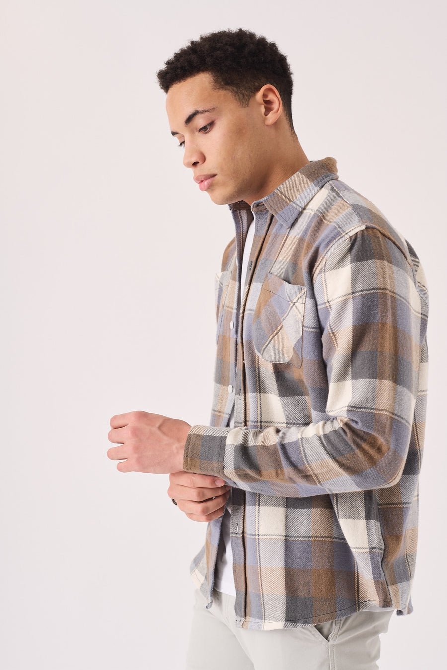 PLAID FLANNEL CHECK SHIRT - ORANGE GREY -  Men's Check Shirts
