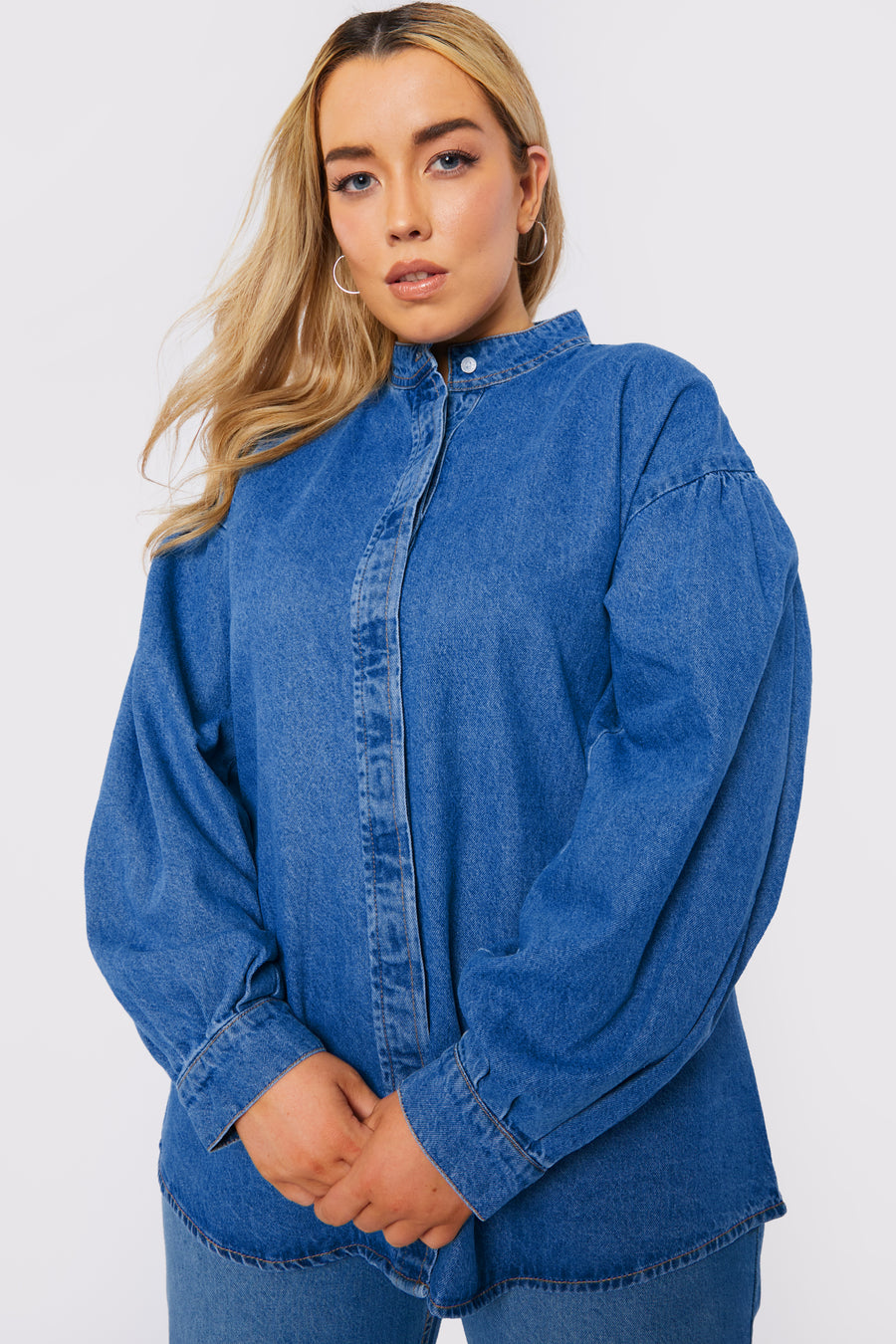 PLUS SIZE BALLOON SLEEVE DENIM SHIRT - MID BLUE -  Women's Oversize Denim Shirts