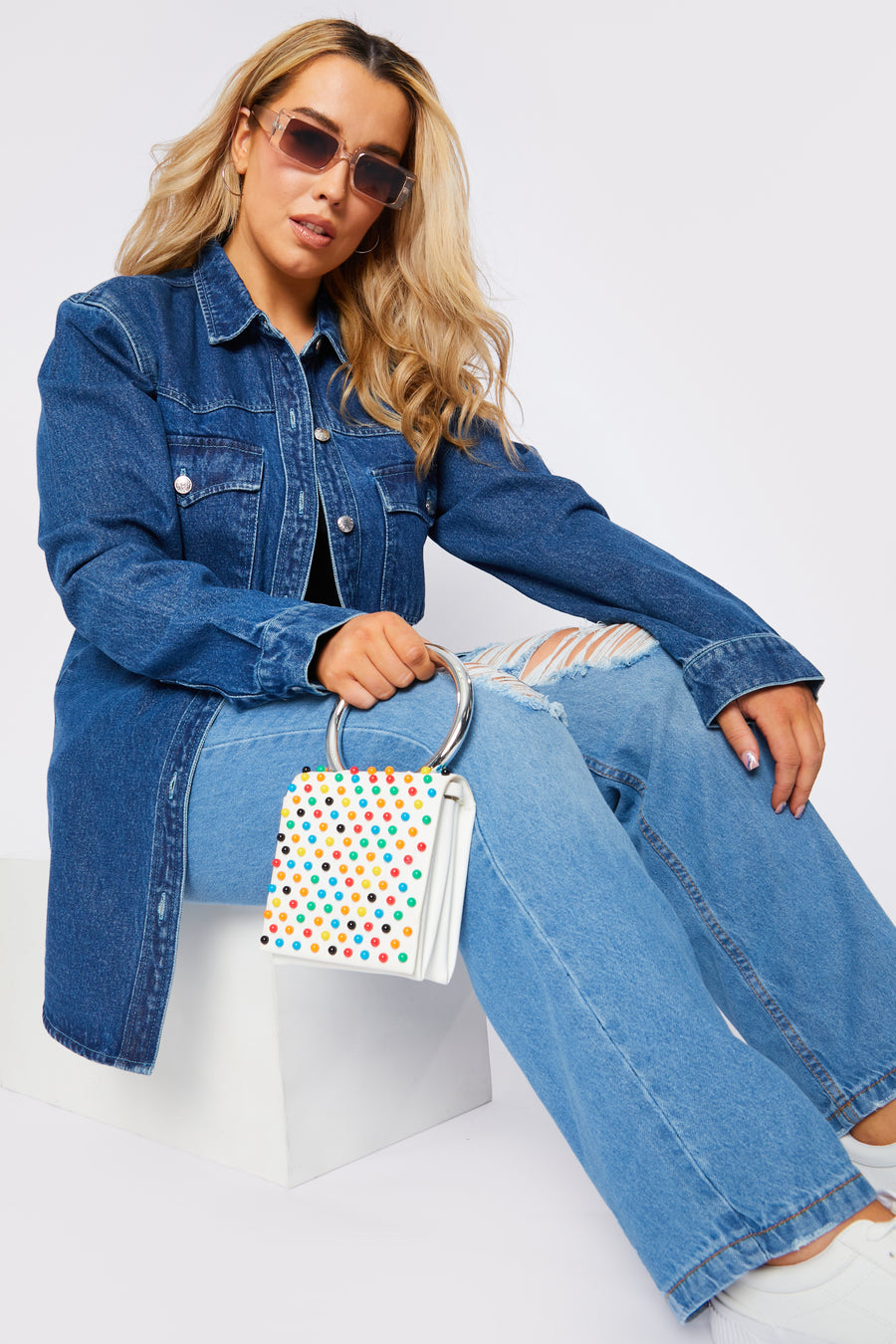 PLUS SIZE LONG DENIM SHIRT - MID BLUE -  Women's Oversize Denim Shirts