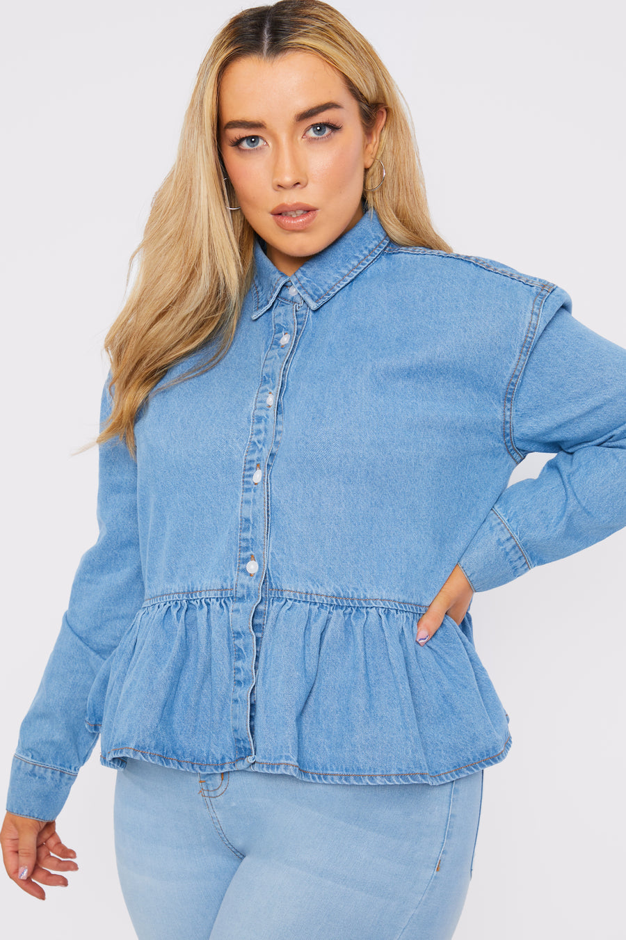 PLUS SIZE PEPLUM DENIM SHIRT - LIGHT BLUE -  Women's Oversize Denim Shirts