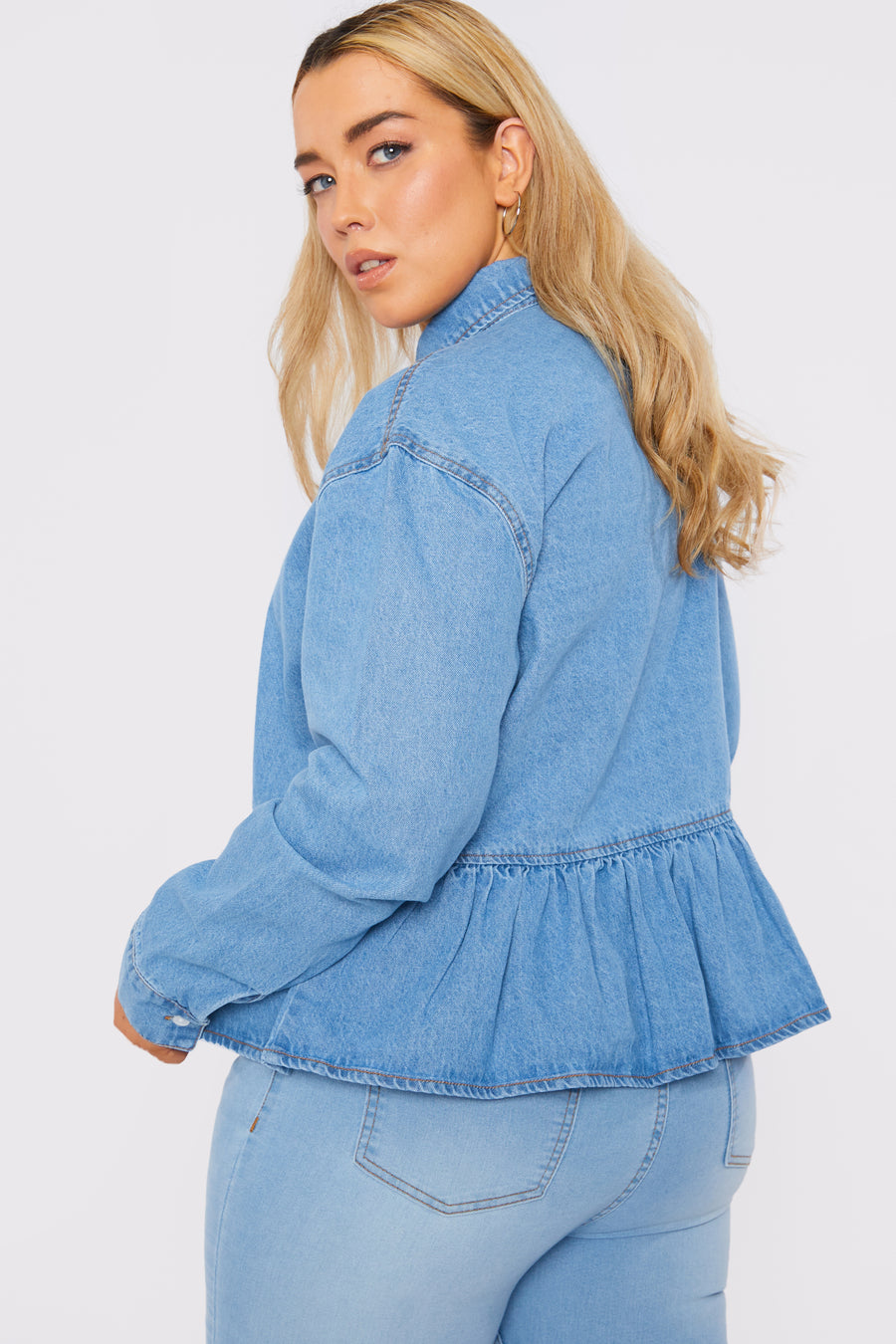 PLUS SIZE PEPLUM DENIM SHIRT - LIGHT BLUE -  Women's Oversize Denim Shirts