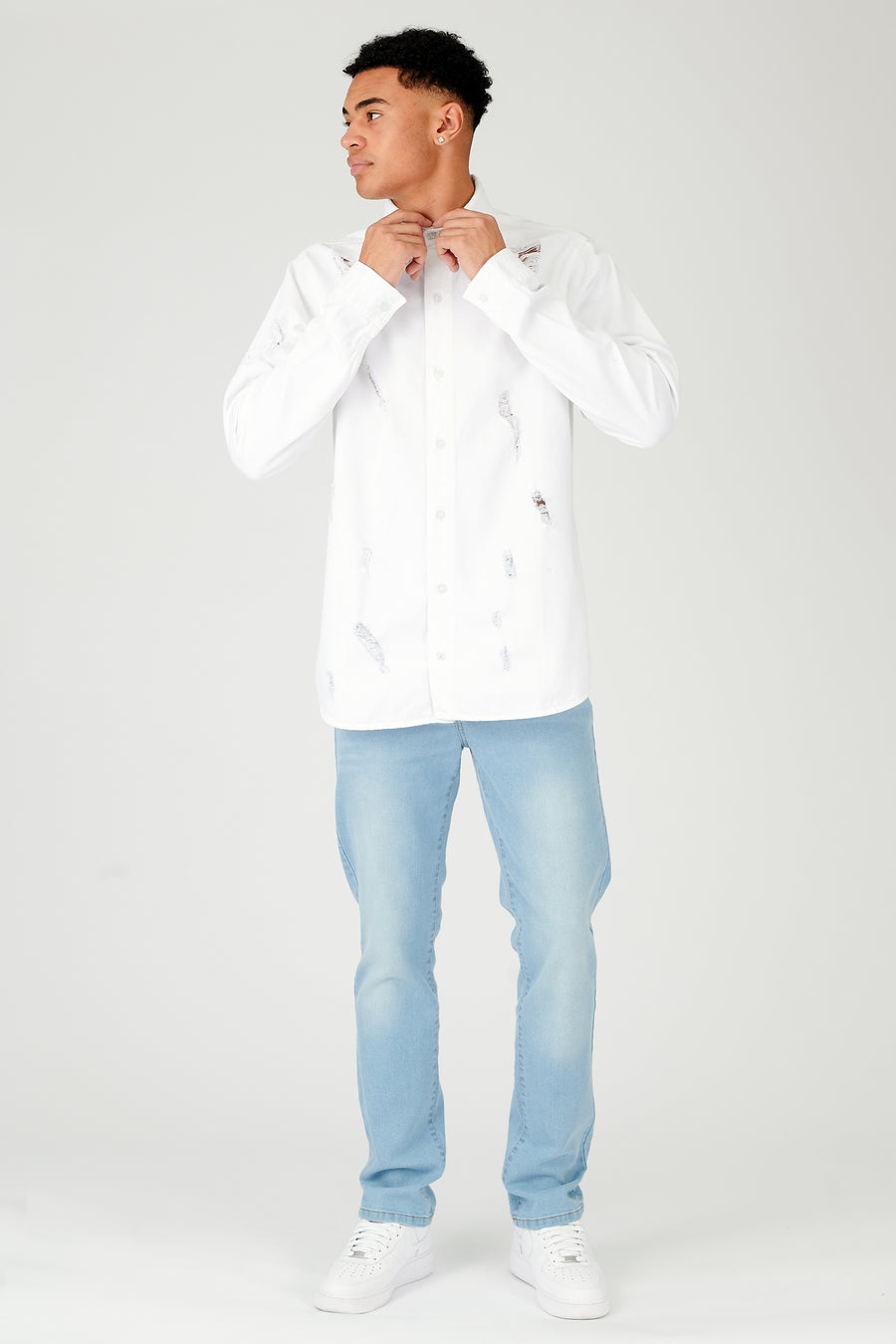 REGULAR FIT RIPPED DENIM SHIRT - WHITE -  Men's Denim Shirts
