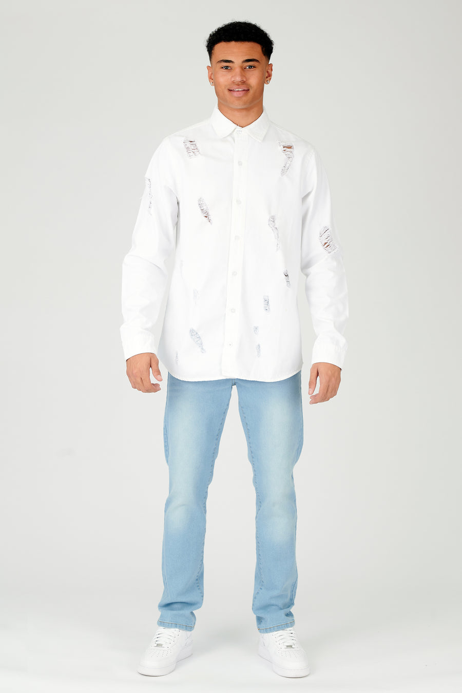 REGULAR FIT RIPPED DENIM SHIRT - WHITE -  Men's Denim Shirts