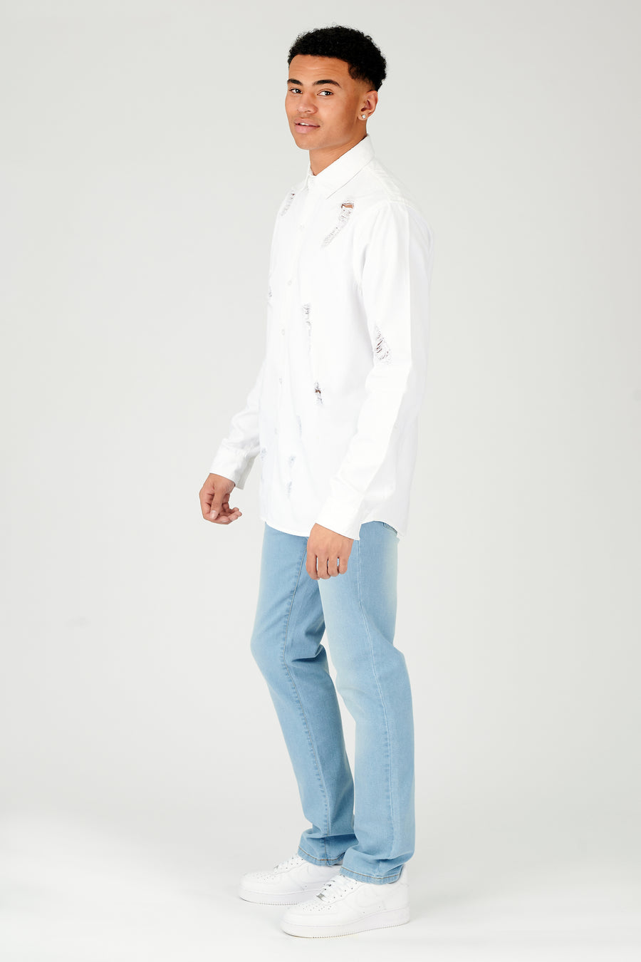 REGULAR FIT RIPPED DENIM SHIRT - WHITE -  Men's Denim Shirts