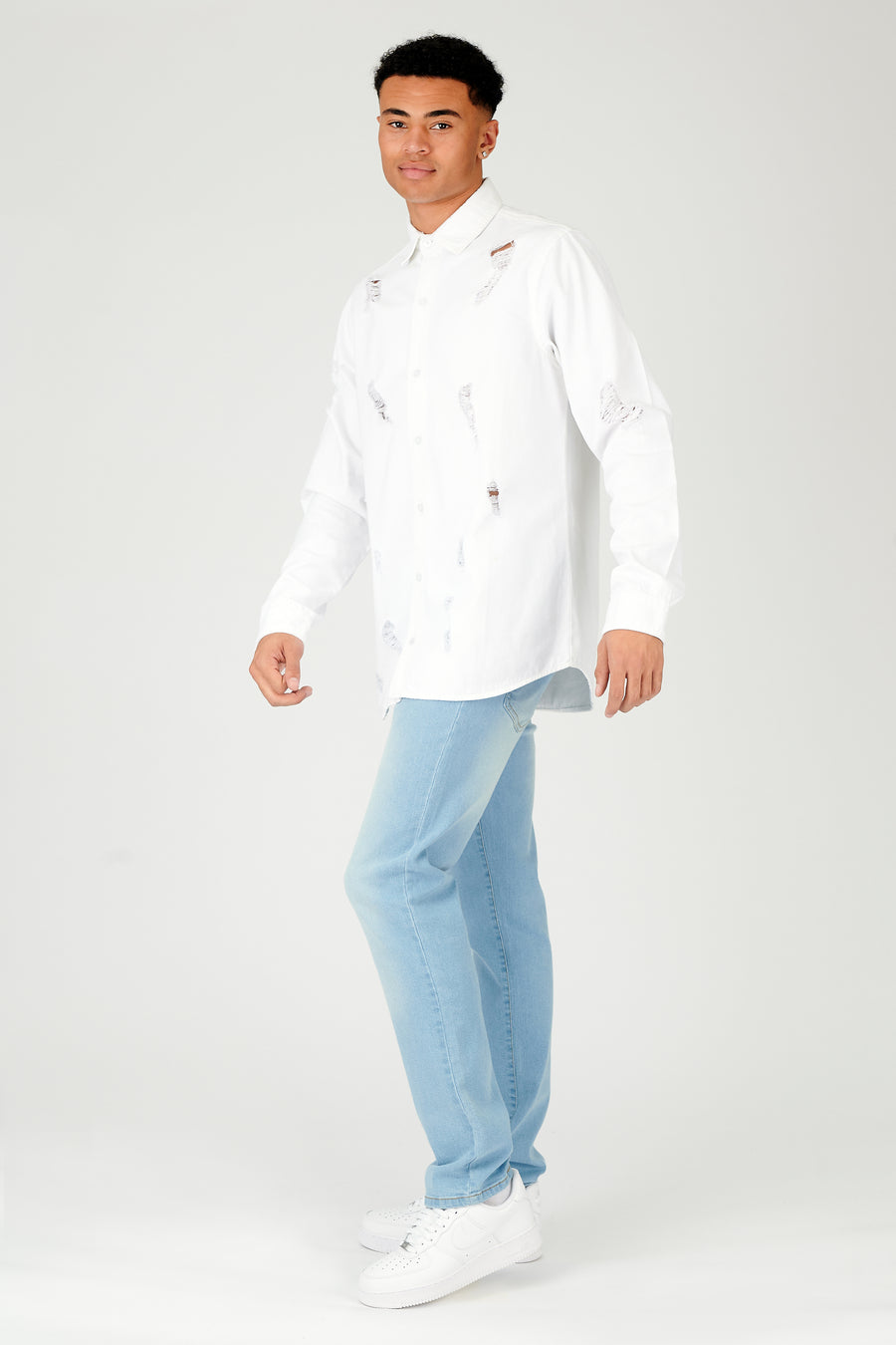 REGULAR FIT RIPPED DENIM SHIRT - WHITE -  Men's Denim Shirts