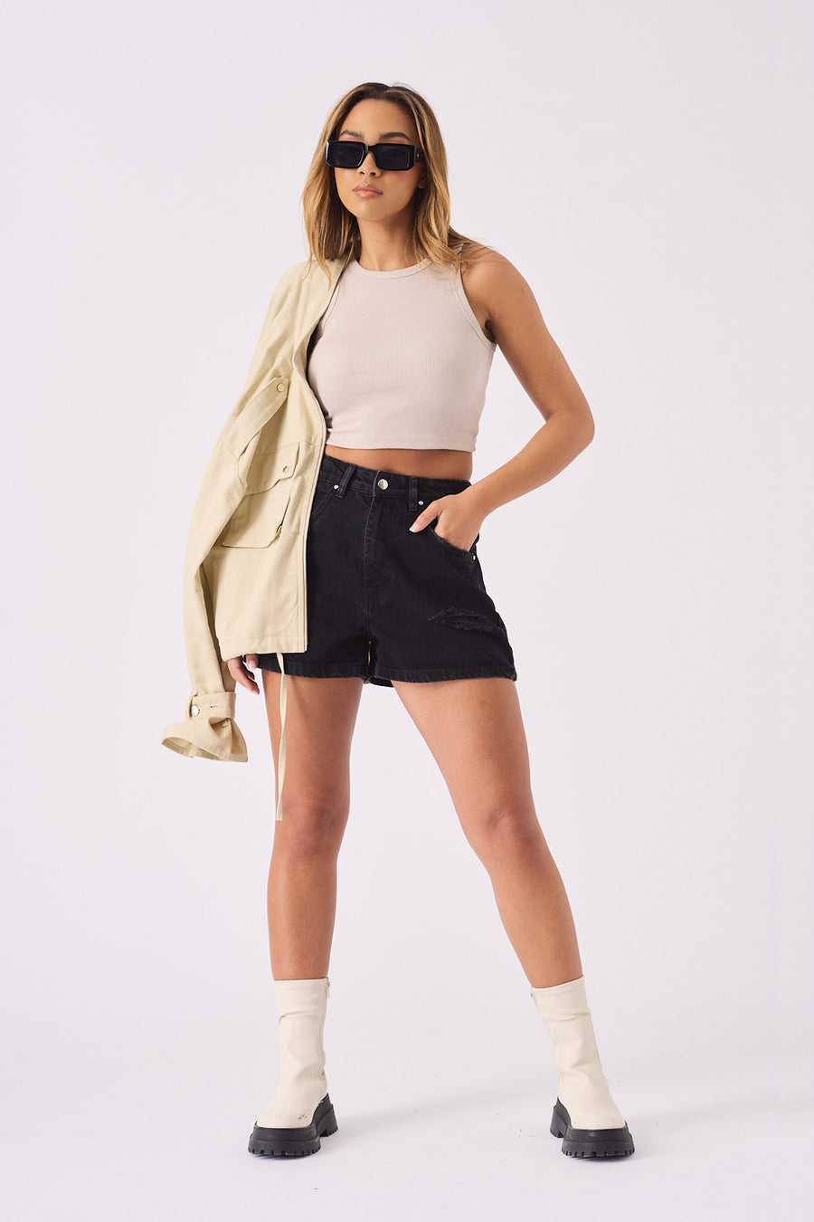 RIPPED DENIM SHORTS - BLACK WASH -  Women's Denim Shorts