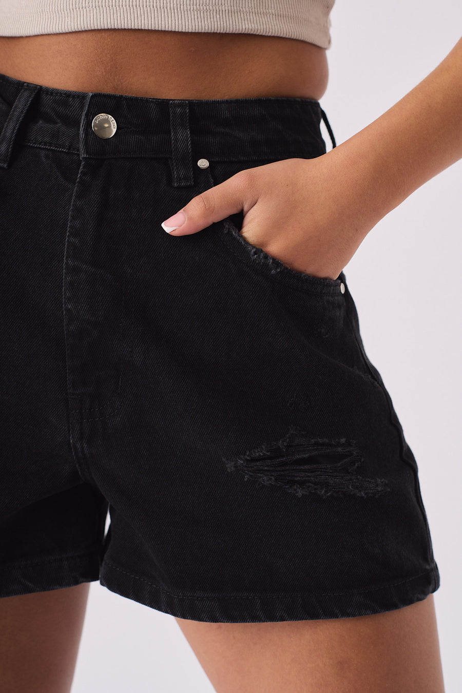 RIPPED DENIM SHORTS - BLACK WASH -  Women's Denim Shorts