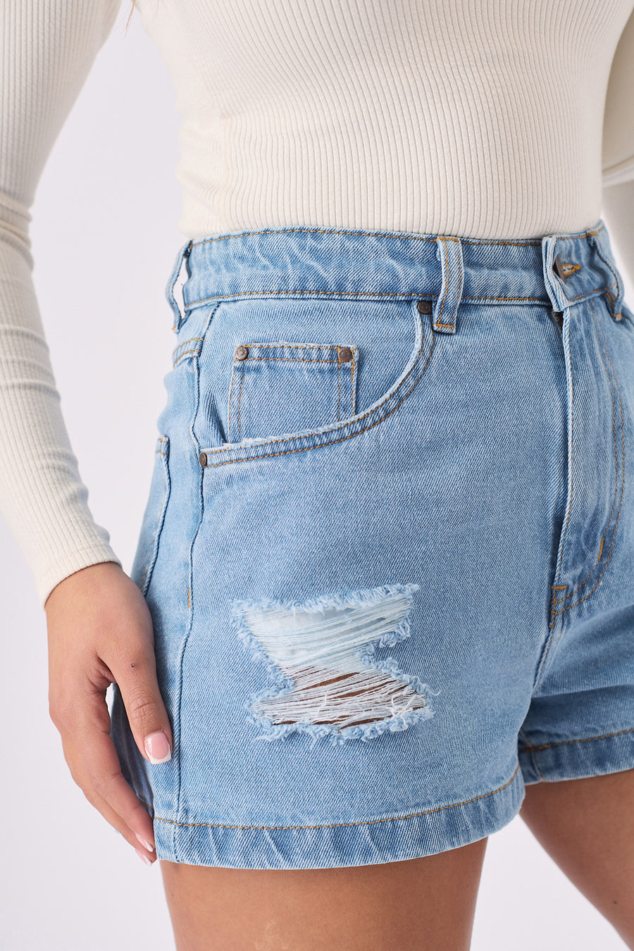 RIPPED DENIM SHORTS - LIGHT BLUE WASH -  Women's Denim Shorts