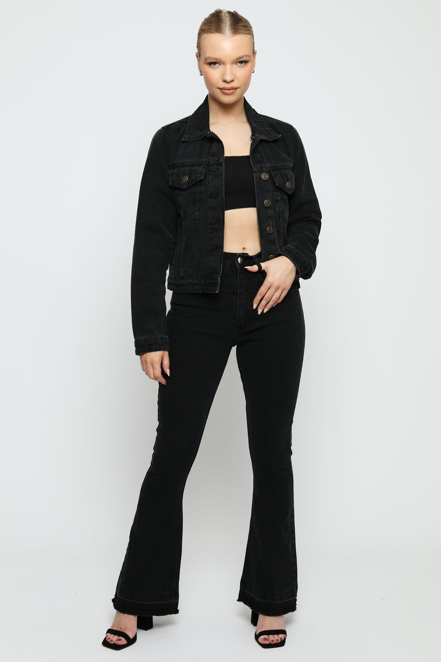 SABLE Black Frayed Hem Flare Jeans - Black Wash -  Women's Flare Jeans