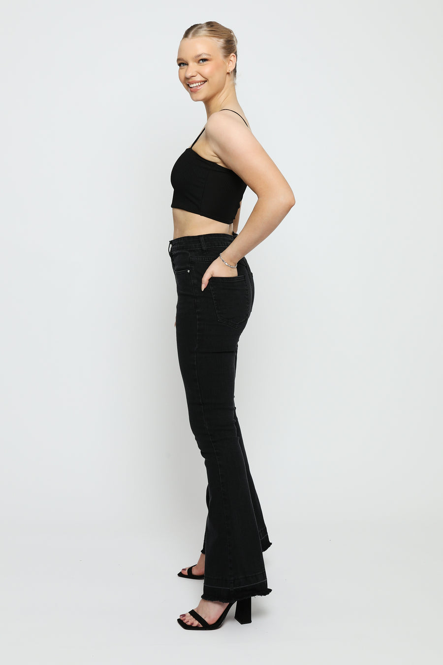 SABLE Black Frayed Hem Flare Jeans - Black Wash -  Women's Flare Jeans